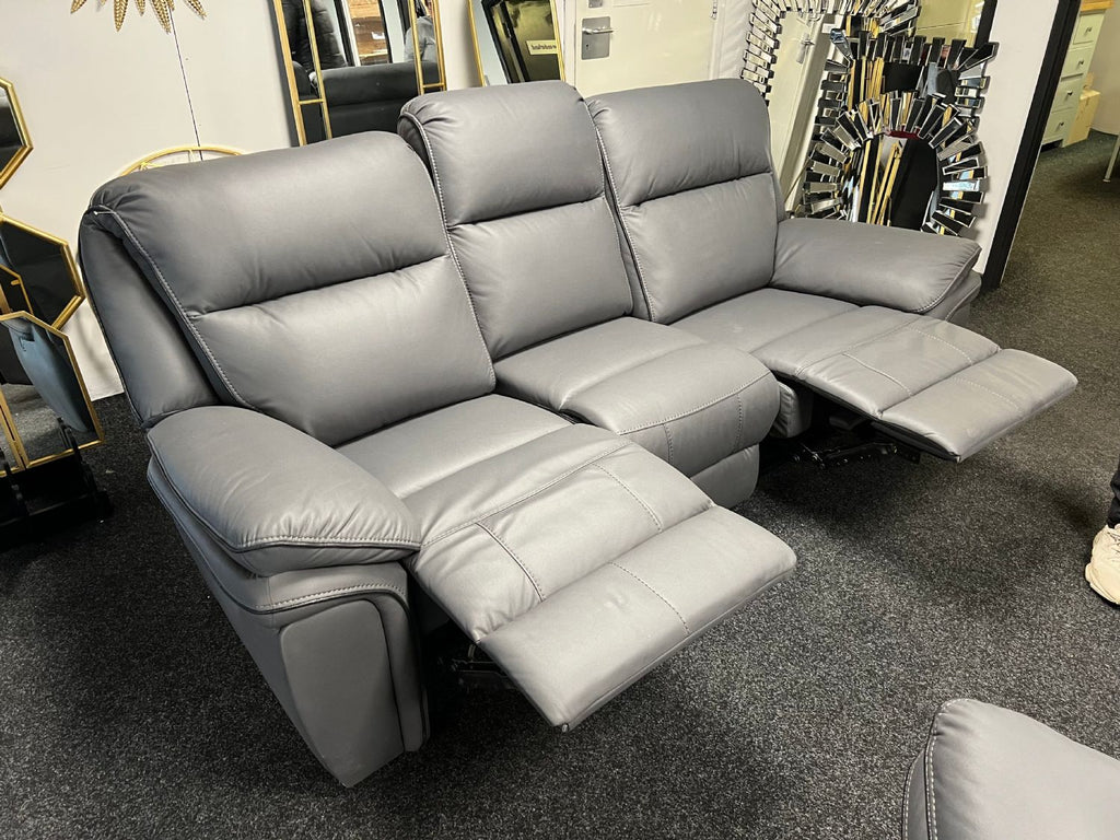 Grey Leather Fabric Upholstery 3 Seater Recliner Sofa