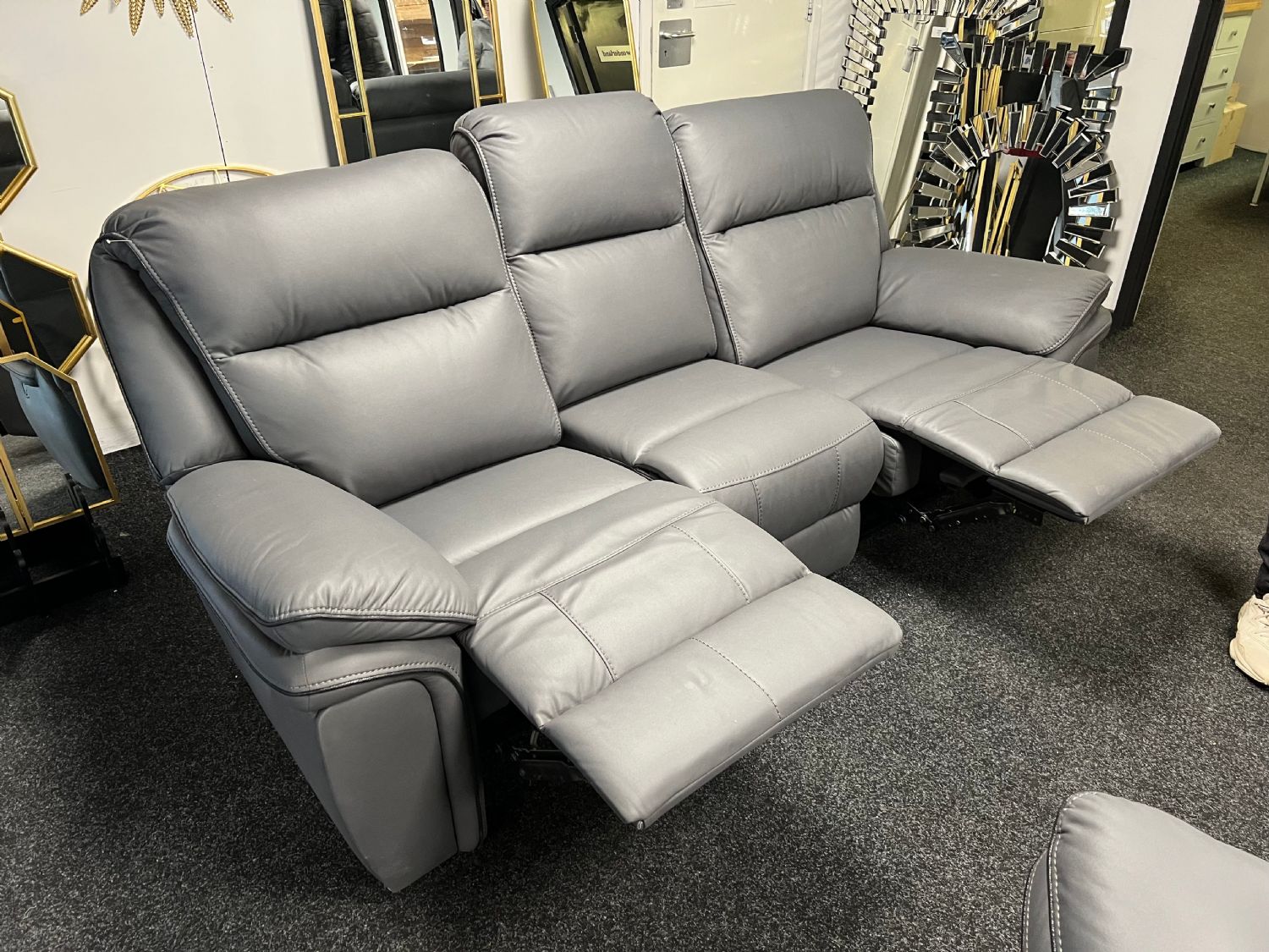 Grey Leather Fabric Upholstery 3 Seater Recliner Sofa