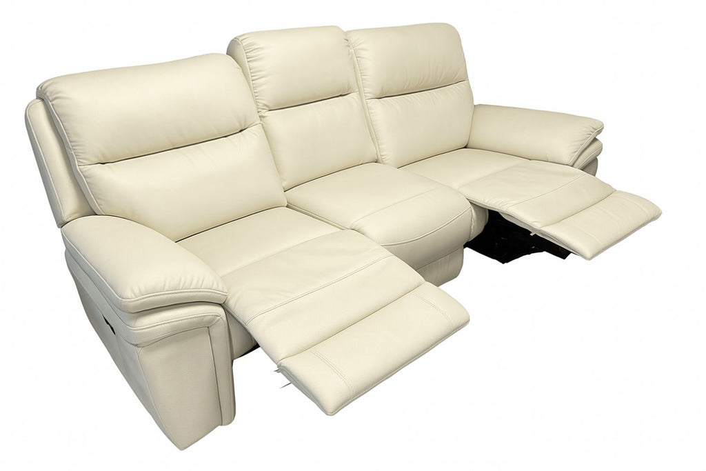 Ivory Leather Fabric Upholstery 3 Seater Recliner Sofa
