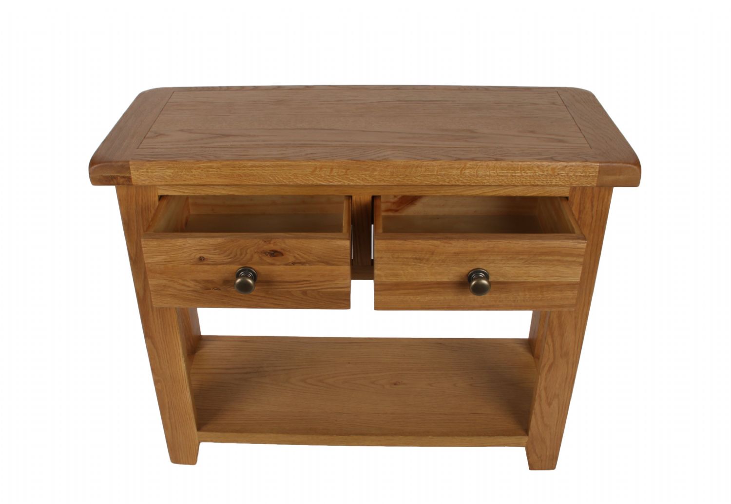 Natural Oak 2 Drawer Console Table with Open Storage Shelf