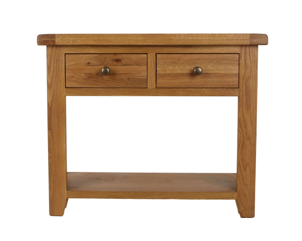 Natural Oak 2 Drawer Console Table with Open Storage Shelf