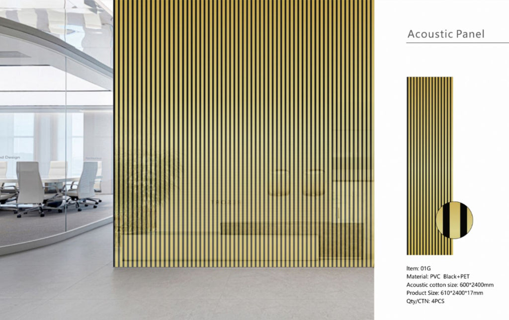 Set of 4 Shiny Gold Acoustic Slatted Decorative Wall Panels with Wood Effect Finish