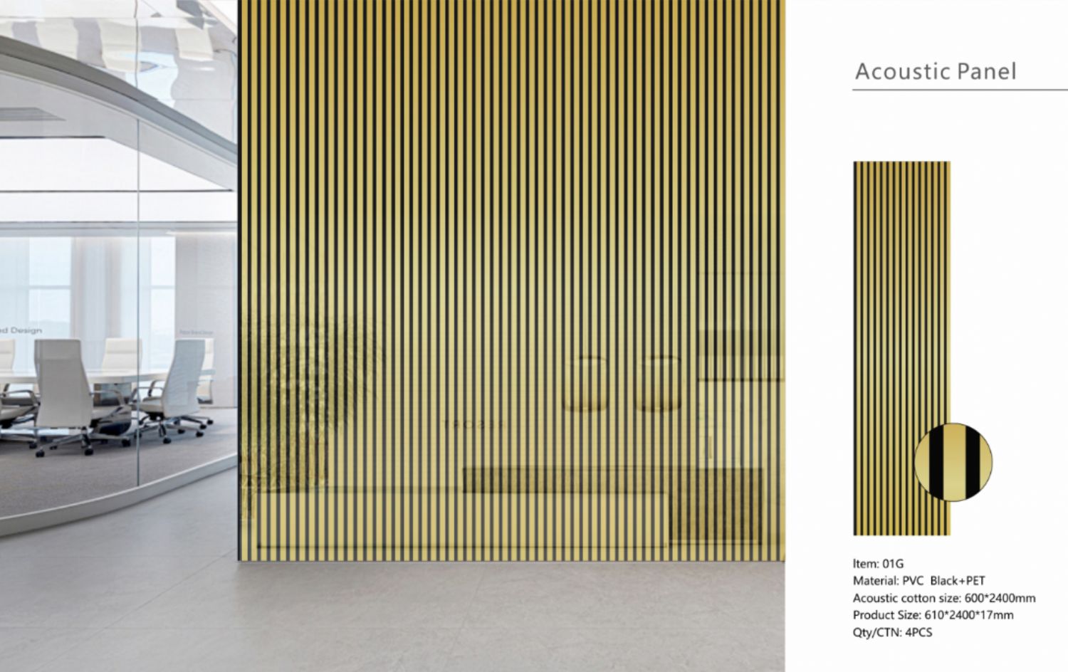 Set of 4 Shiny Gold Acoustic Slatted Decorative Wall Panels with Wood Effect Finish