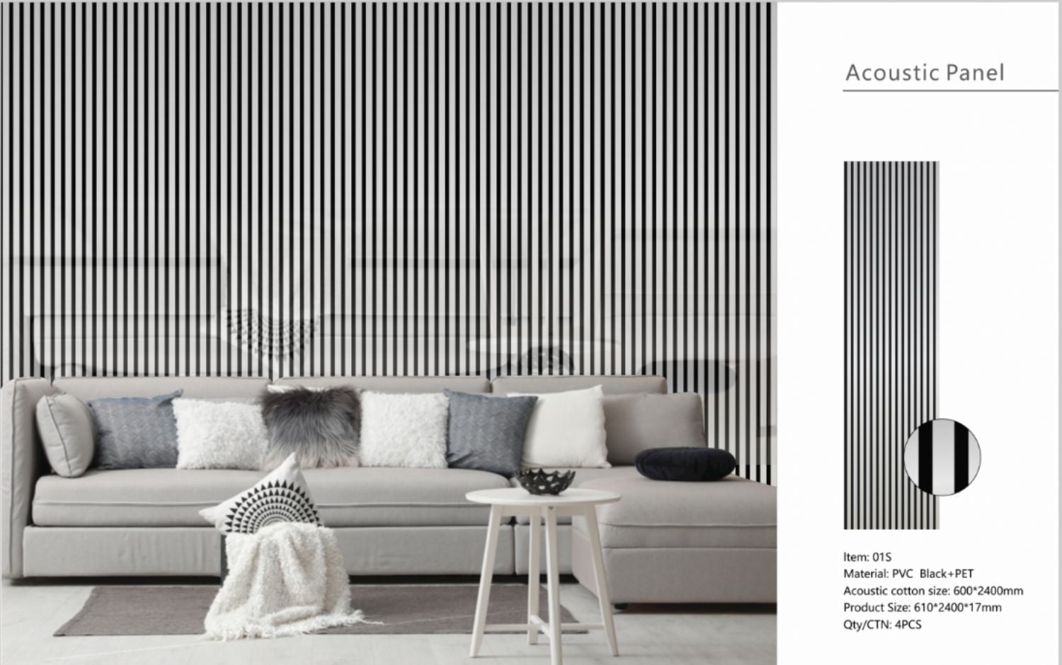 Set of 4 Shiny Silver Acoustic Slatted Decorative Wall Panels with Wood Effect Finish