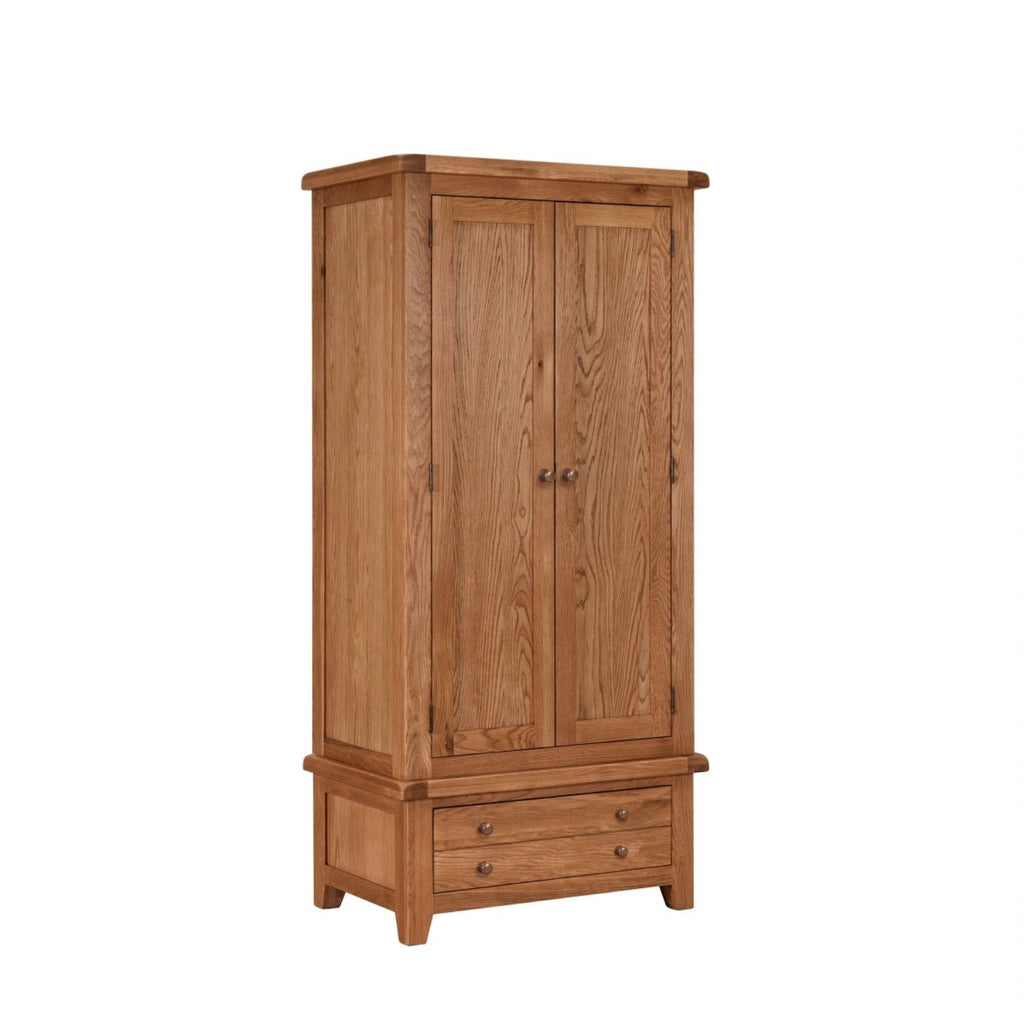 Natural Oak 2 Door Double Wardrobe with Storage Drawer