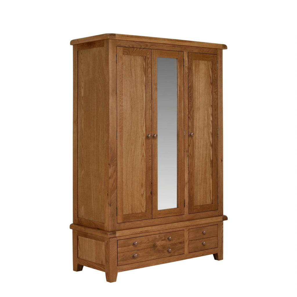 Natural Oak Large 3 Door Wardrobe with Mirror Door and 4 Storage Drawers