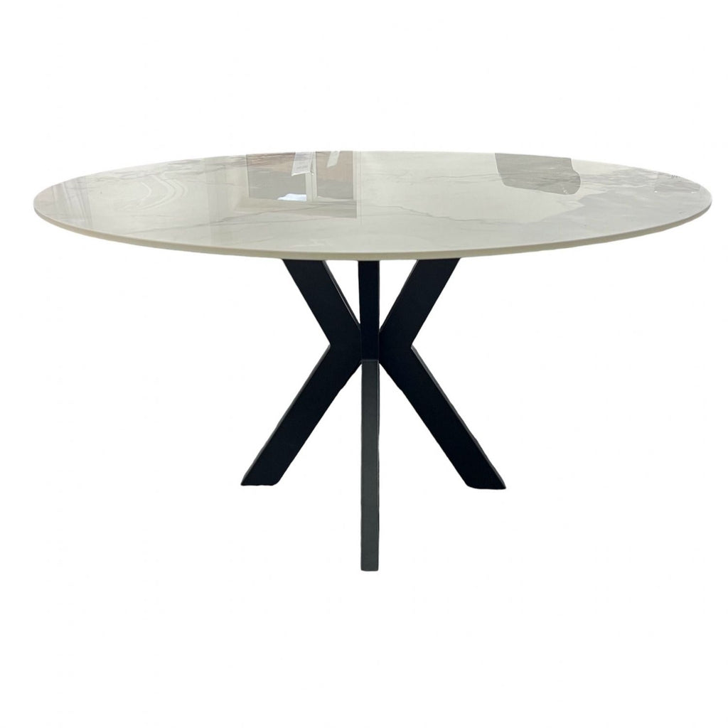 White Marble Effect Ceramic 1.3m/1.1m Round Dining Table with Black Cross Pedestal Base