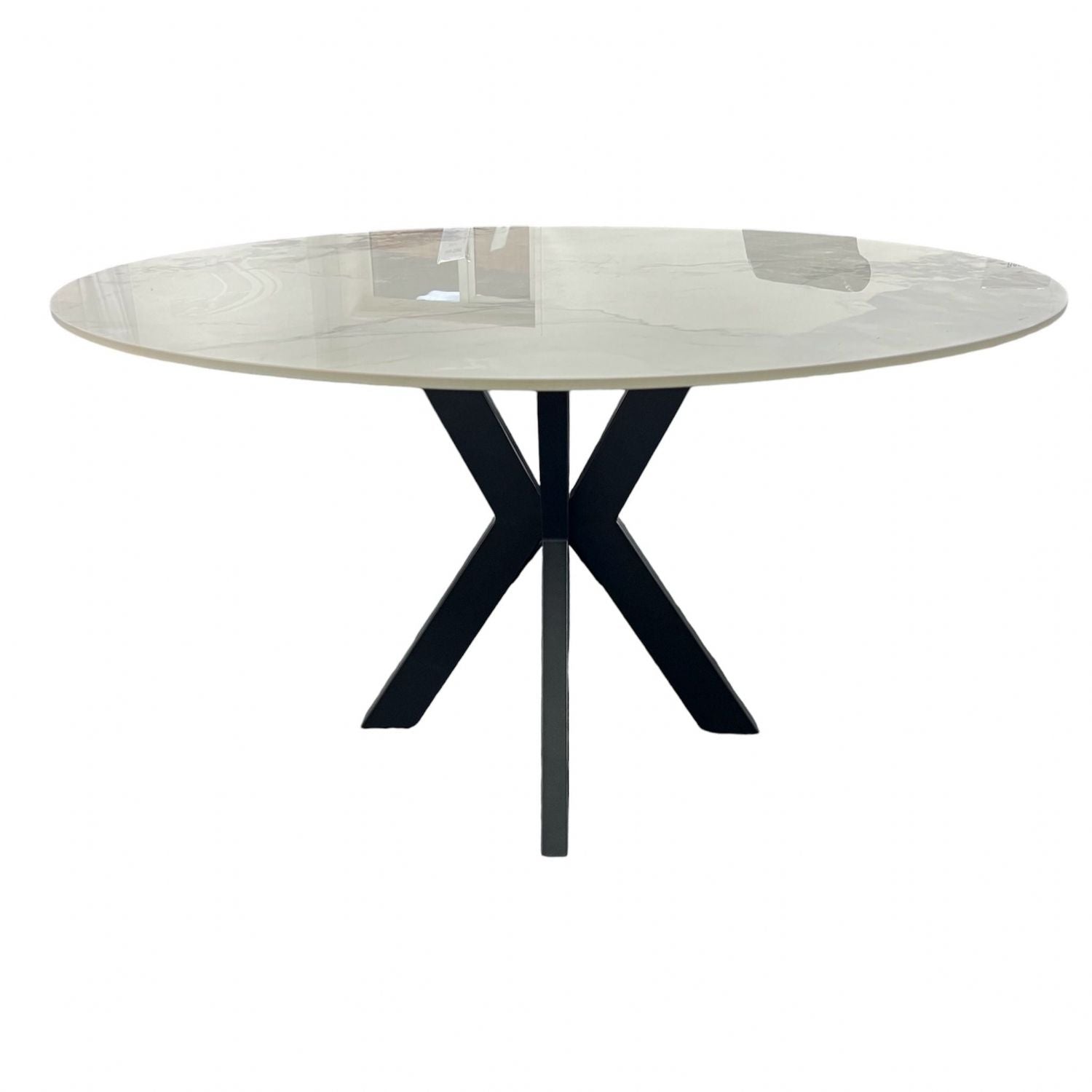 White Marble Effect Ceramic 1.3m/1.1m Round Dining Table with Black Cross Pedestal Base