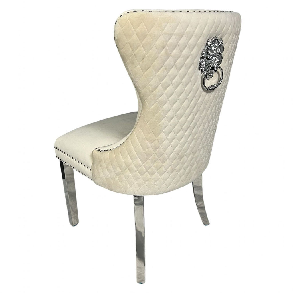 Ivory Velvet Dining Chair with Lion Knocker and Chrome Legs