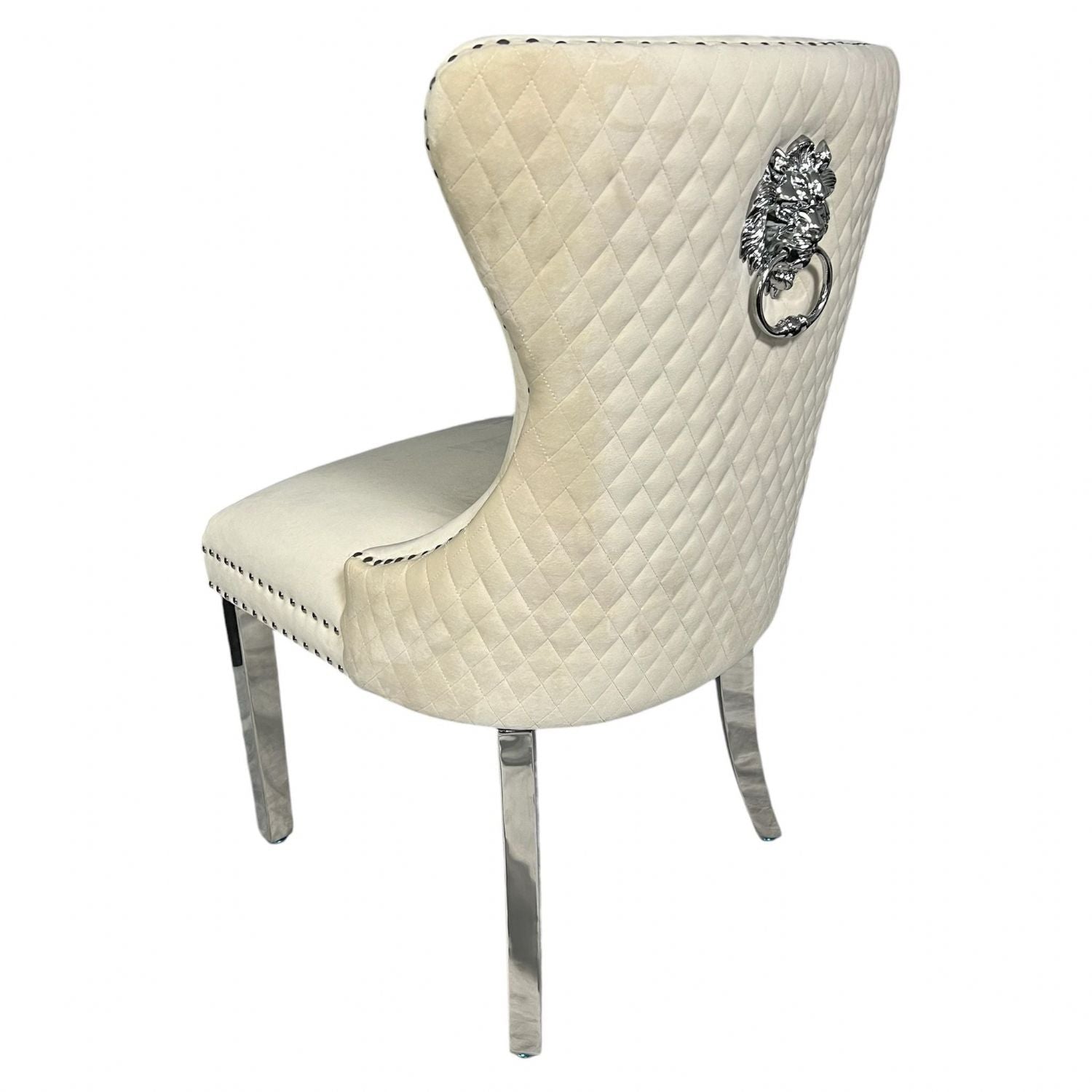 Ivory Velvet Dining Chair with Lion Knocker and Chrome Legs