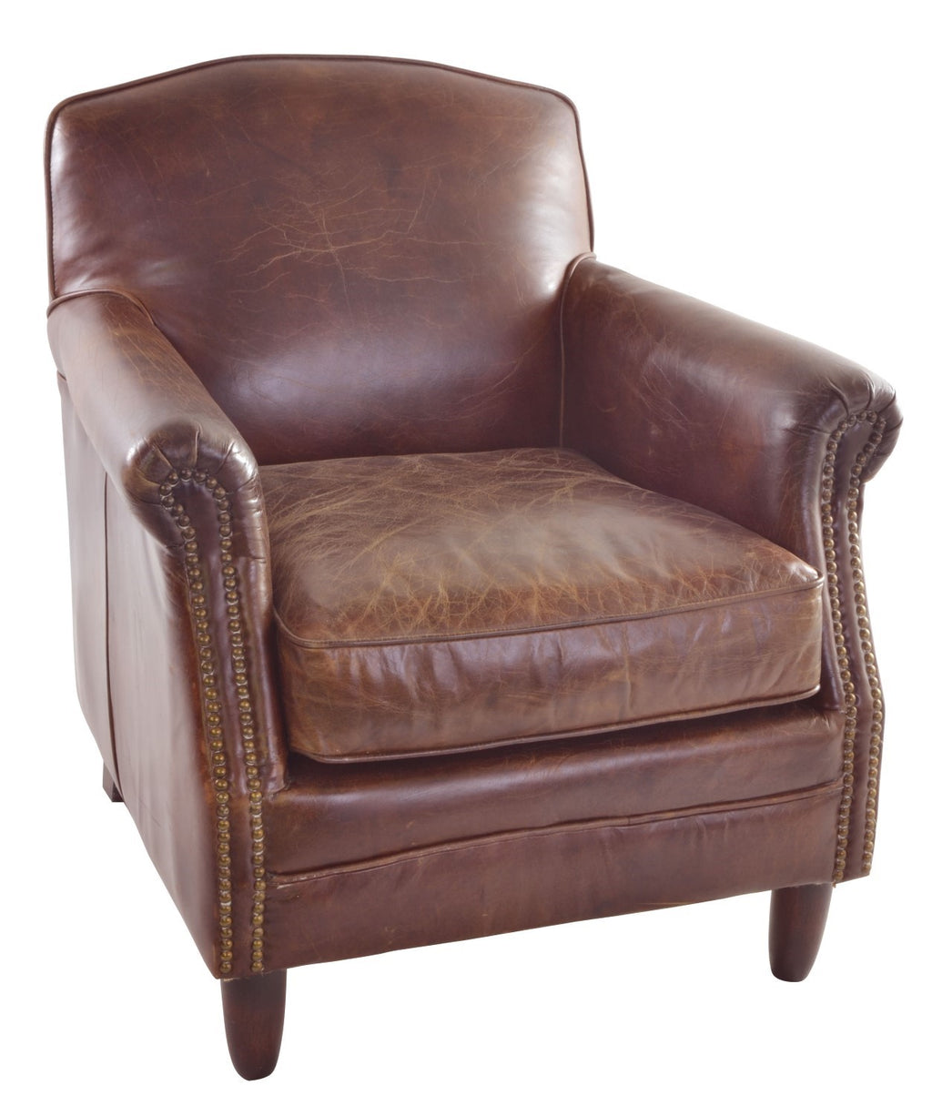 Vintage Brown Distressed Leather Upholstered Armchair with Studded Detailing