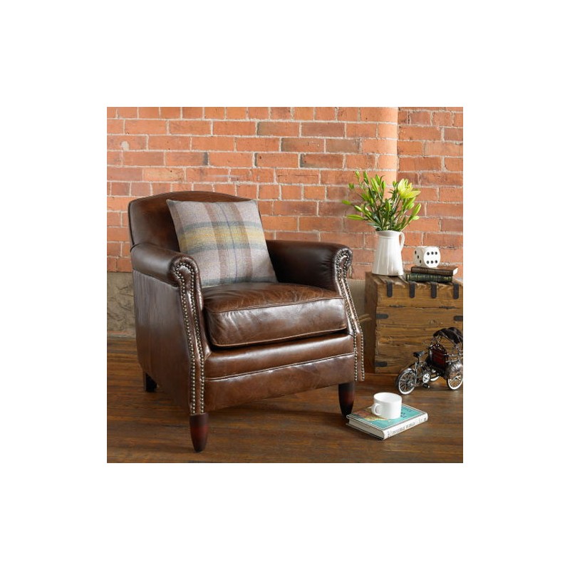 Vintage Brown Distressed Leather Upholstered Armchair with Studded Detailing - Home Furniture Interiors