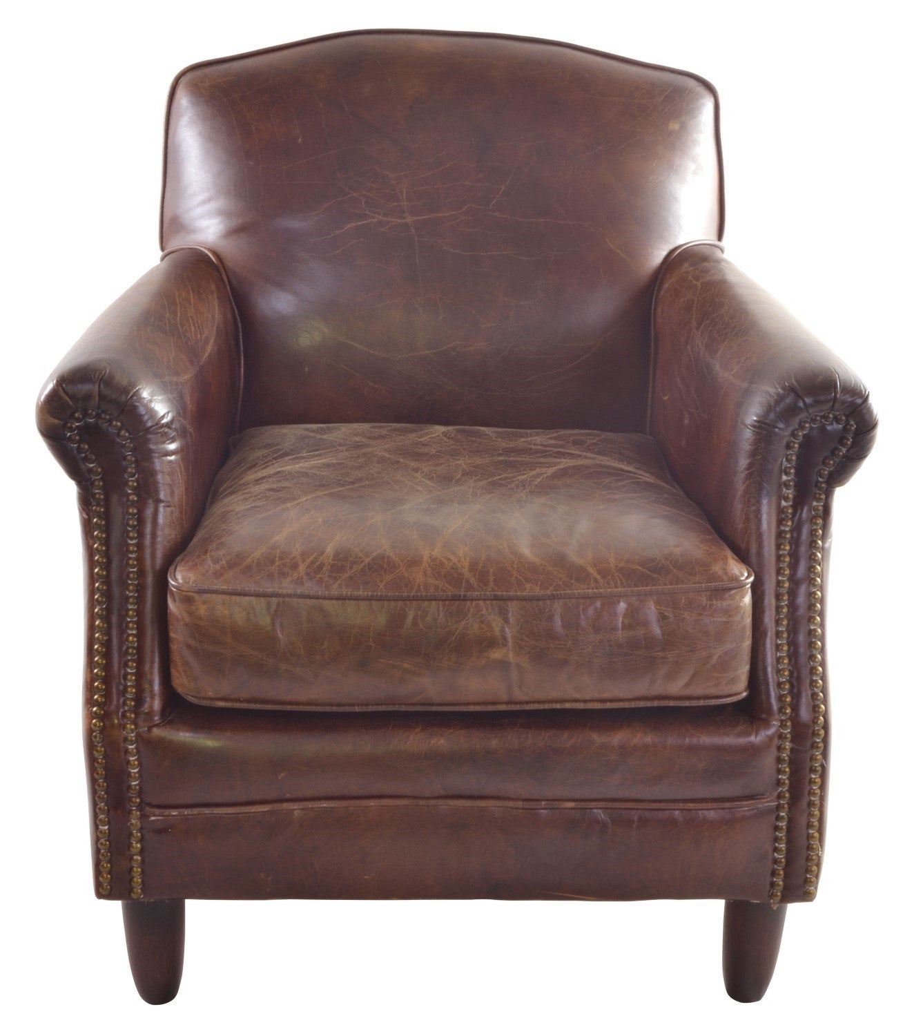 Vintage Brown Distressed Leather Upholstered Armchair with Studded Detailing - Home Furniture Interiors