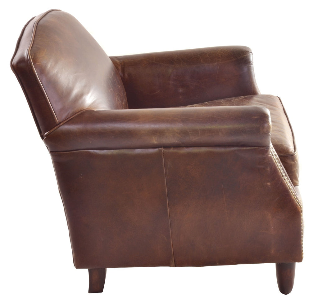 Vintage Brown Distressed Leather Upholstered Armchair with Studded Detailing - Home Furniture Interiors