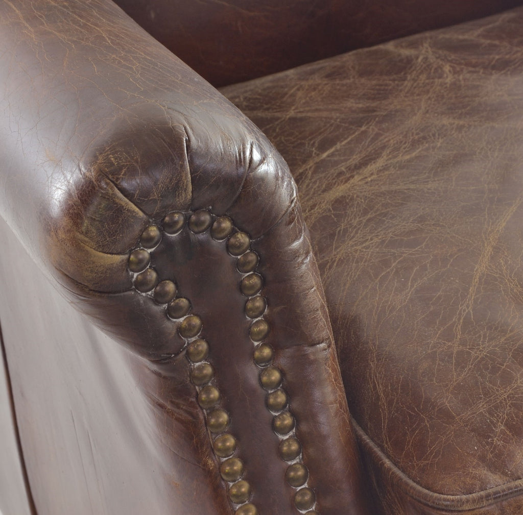 Vintage Brown Distressed Leather Upholstered Armchair with Studded Detailing - Home Furniture Interiors