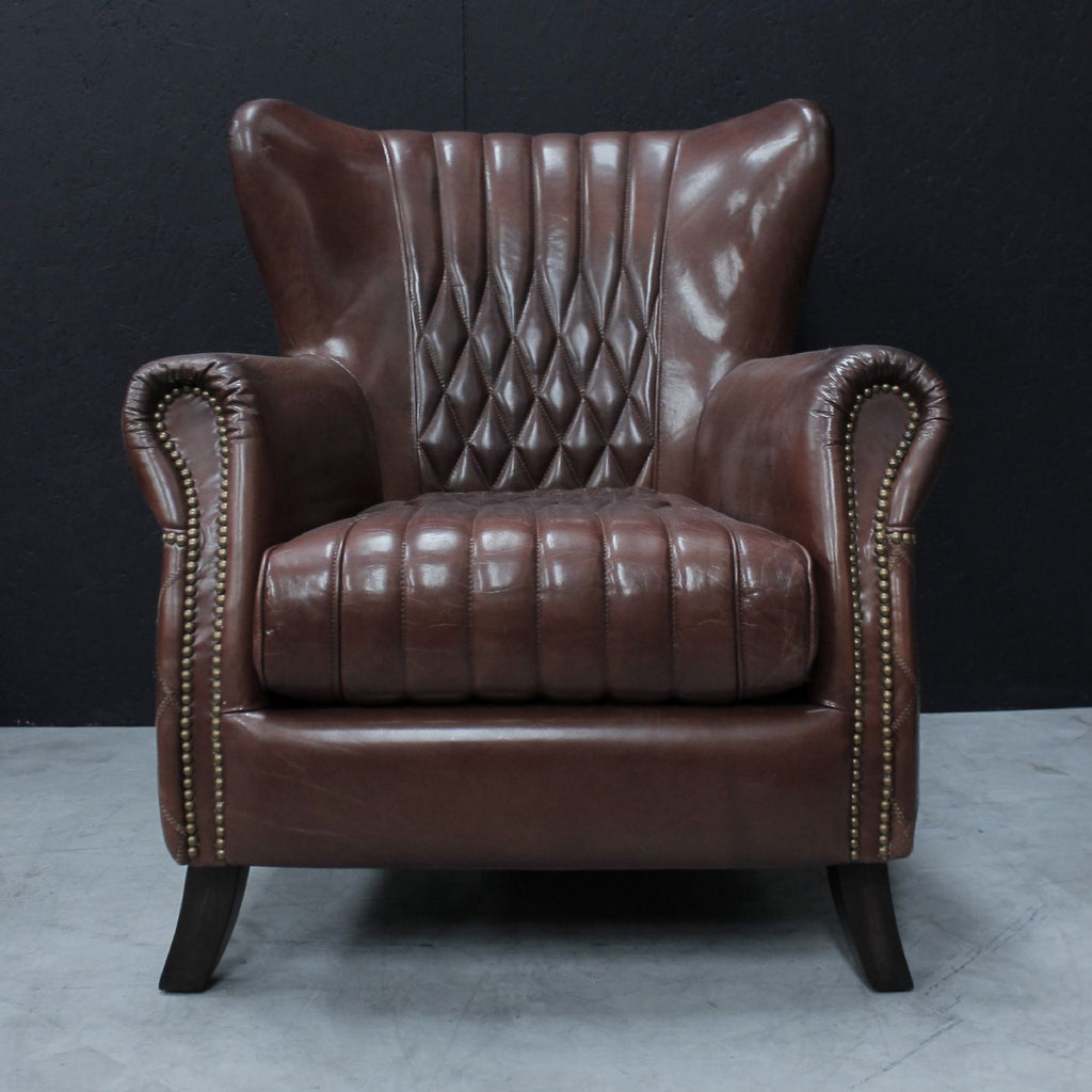 Vintage Brown Flared Back Leather Upholstered Armchair with Brass Detailing