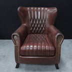 Vintage Brown Flared Back Leather Upholstered Armchair with Brass Detailing - Home Furniture Interiors