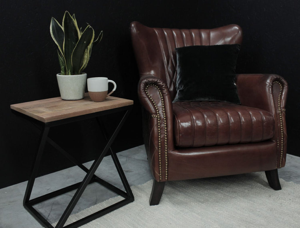 Vintage Brown Flared Back Leather Upholstered Armchair with Brass Detailing - Home Furniture Interiors
