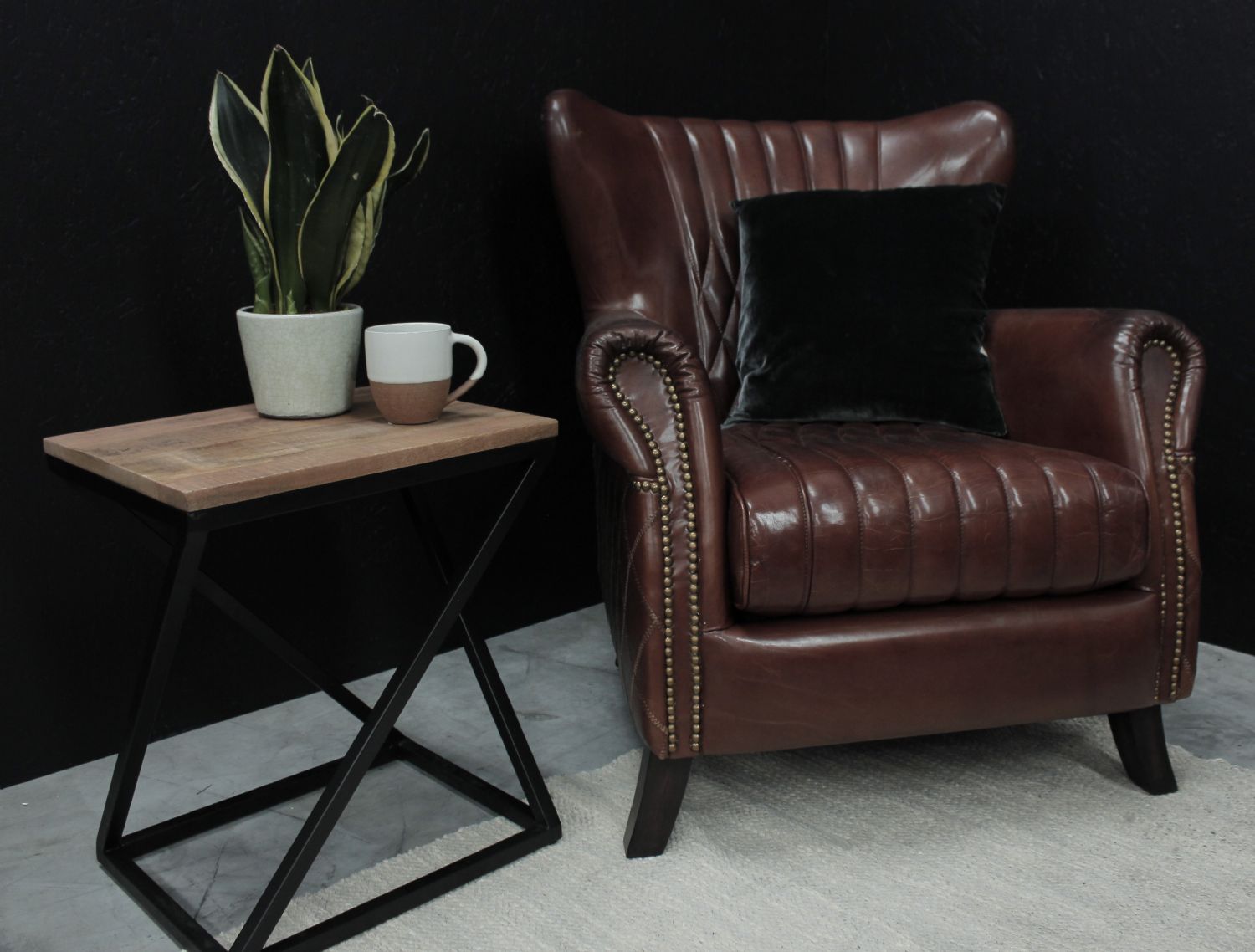 Vintage Brown Flared Back Leather Upholstered Armchair with Brass Detailing - Home Furniture Interiors