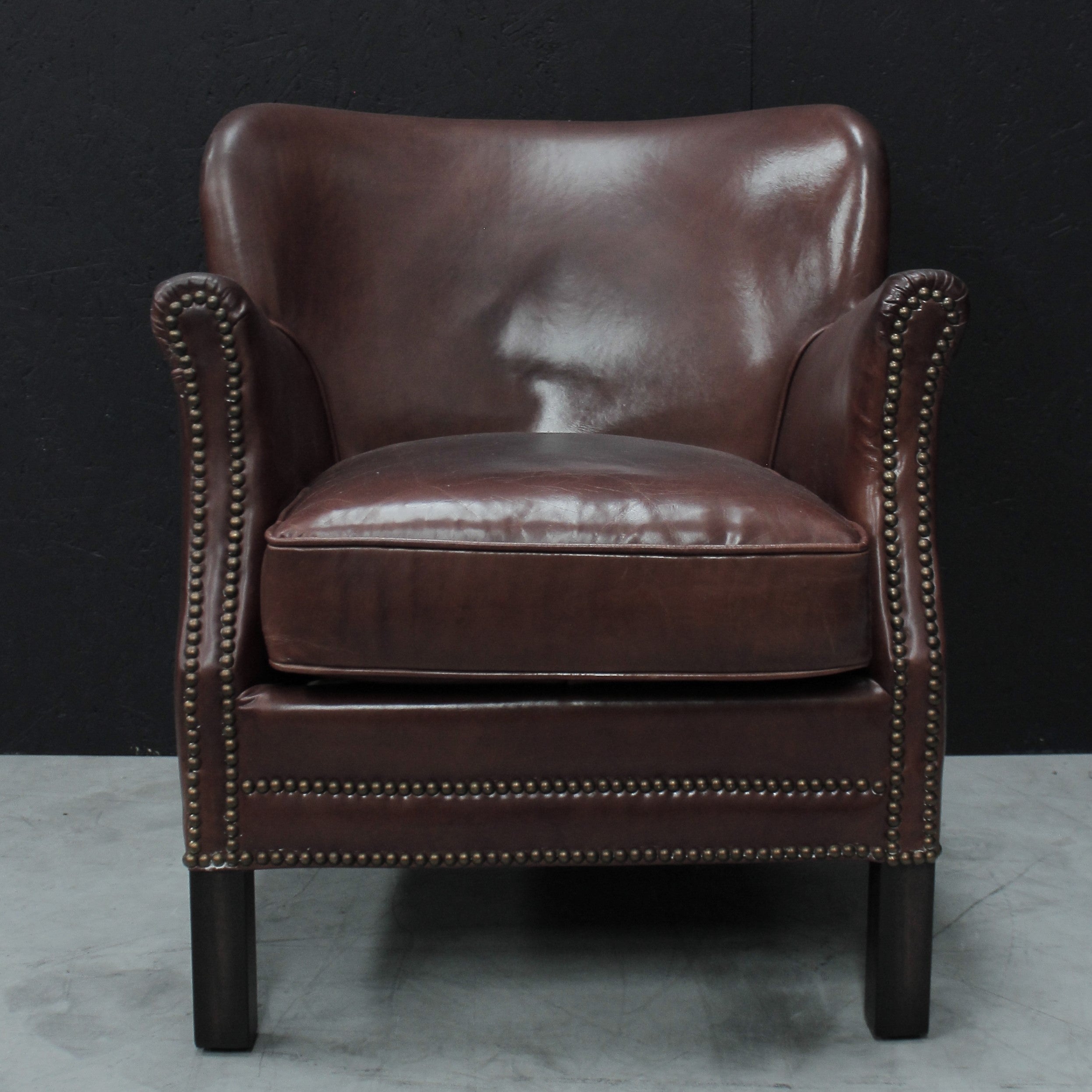 Vintage Brown Full Leather Upholstered Studded Club Lounge Chair