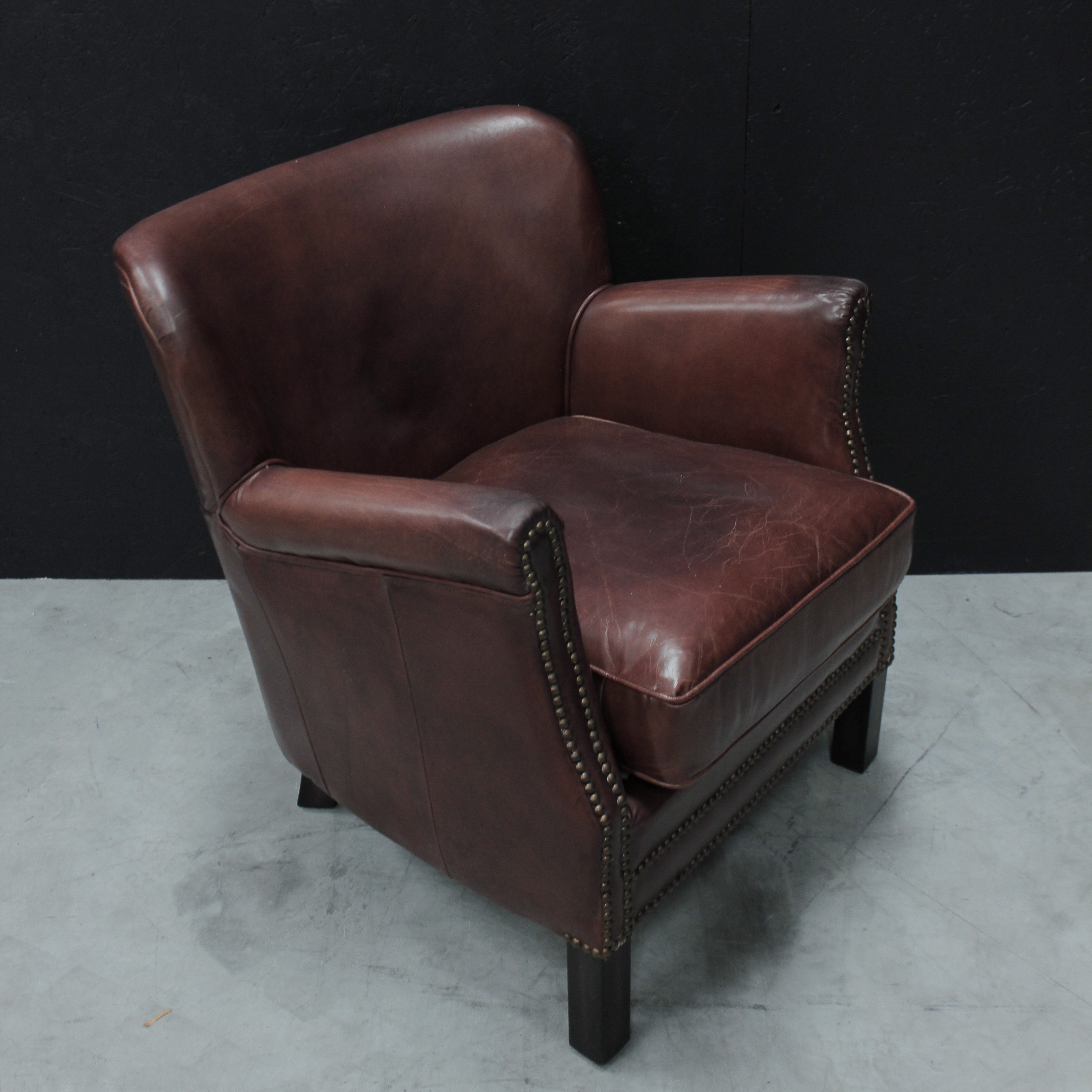 Vintage Brown Full Leather Upholstered Studded Club Lounge Chair - Home Furniture Interiors