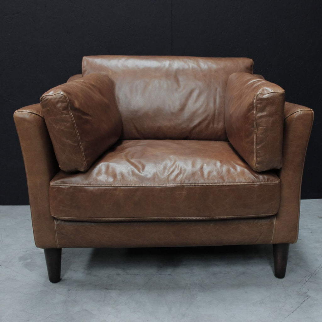 Vintage Brown Leather Upholstered Armchair with Side Cushions