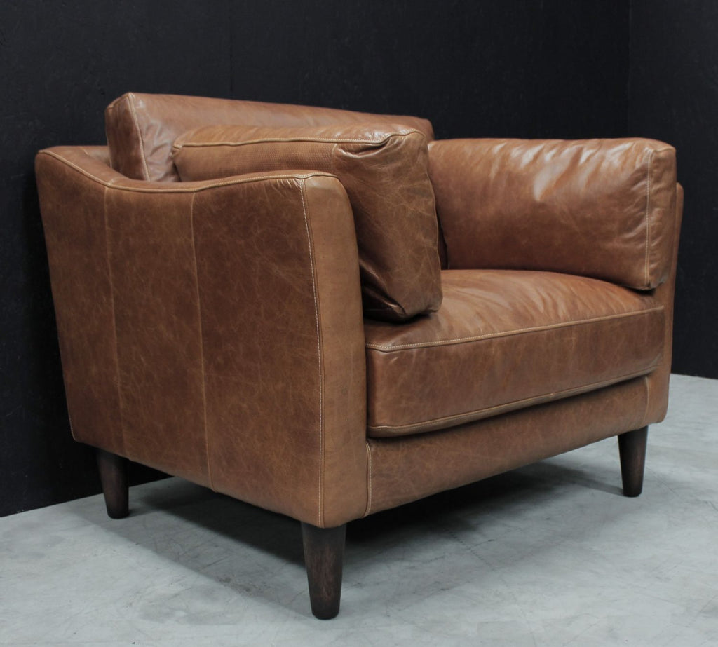 Vintage Brown Leather Upholstered Armchair with Side Cushions - Home Furniture Interiors