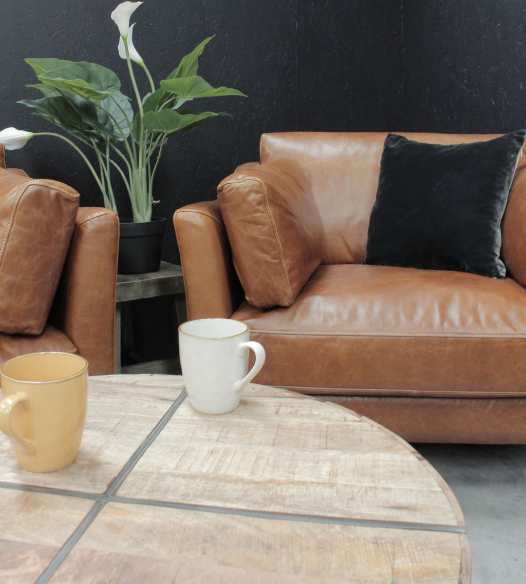 Vintage Brown Leather Upholstered Armchair with Side Cushions - Home Furniture Interiors