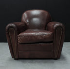 Vintage Brown Leather Upholstered Art Deco Armchair with Brass Stud Detailing