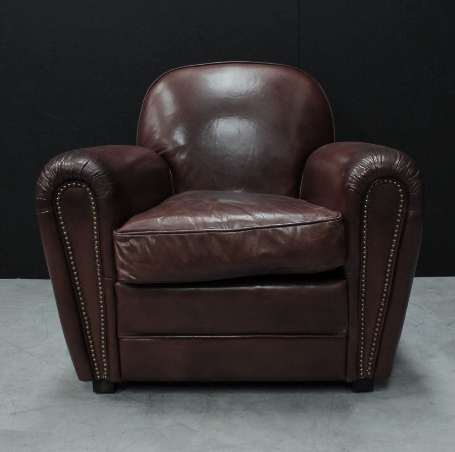 Vintage Brown Leather Upholstered Art Deco Armchair with Brass Stud Detailing