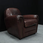 Vintage Brown Leather Upholstered Art Deco Armchair with Brass Stud Detailing - Home Furniture Interiors