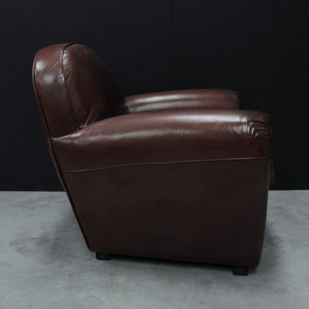 Vintage Brown Leather Upholstered Art Deco Armchair with Brass Stud Detailing - Home Furniture Interiors