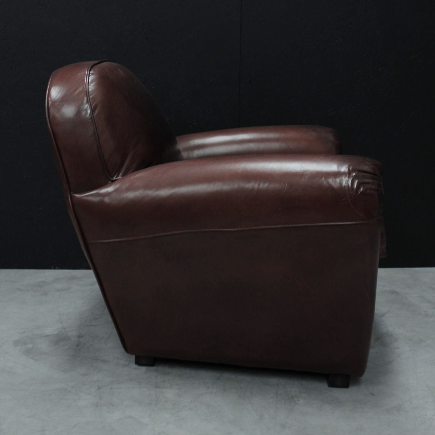Vintage Brown Leather Upholstered Art Deco Armchair with Brass Stud Detailing - Home Furniture Interiors