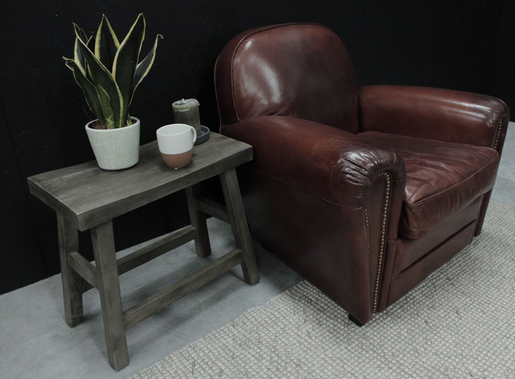 Vintage Brown Leather Upholstered Art Deco Armchair with Brass Stud Detailing - Home Furniture Interiors
