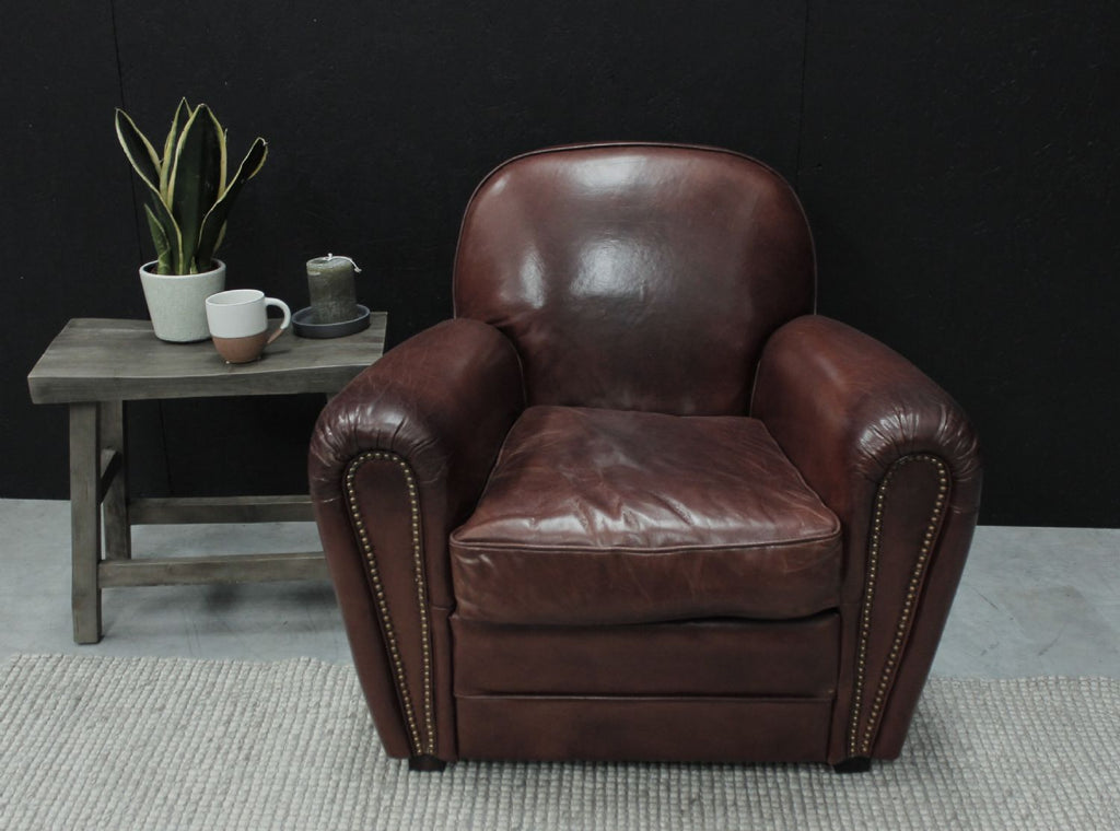 Vintage Brown Leather Upholstered Art Deco Armchair with Brass Stud Detailing - Home Furniture Interiors