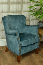 Vintage Style Teal Velvet Lounge Armchair with Stud Detailing and Curved Back