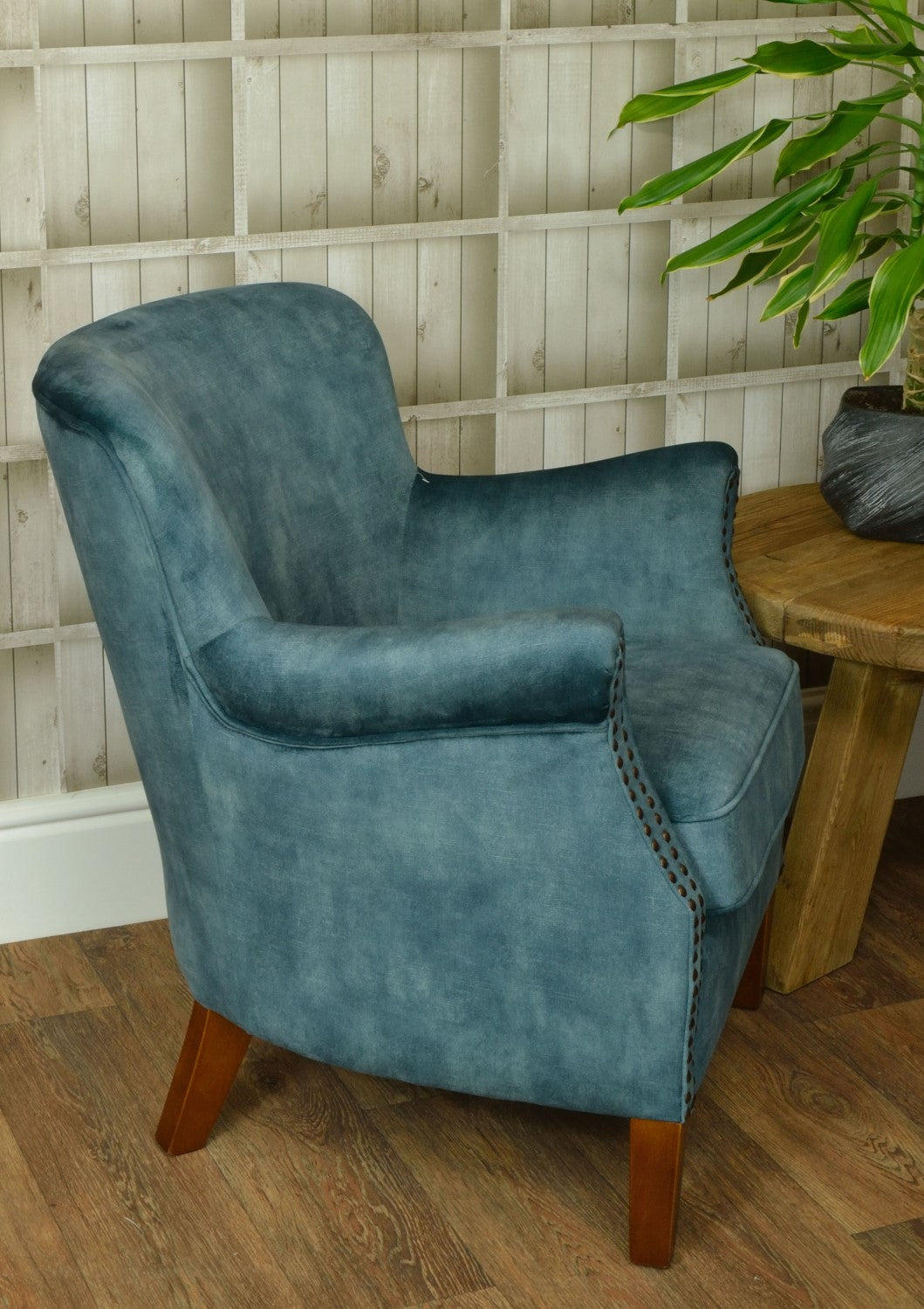 Vintage Style Teal Velvet Lounge Armchair with Stud Detailing and Curved Back - Home Furniture Interiors