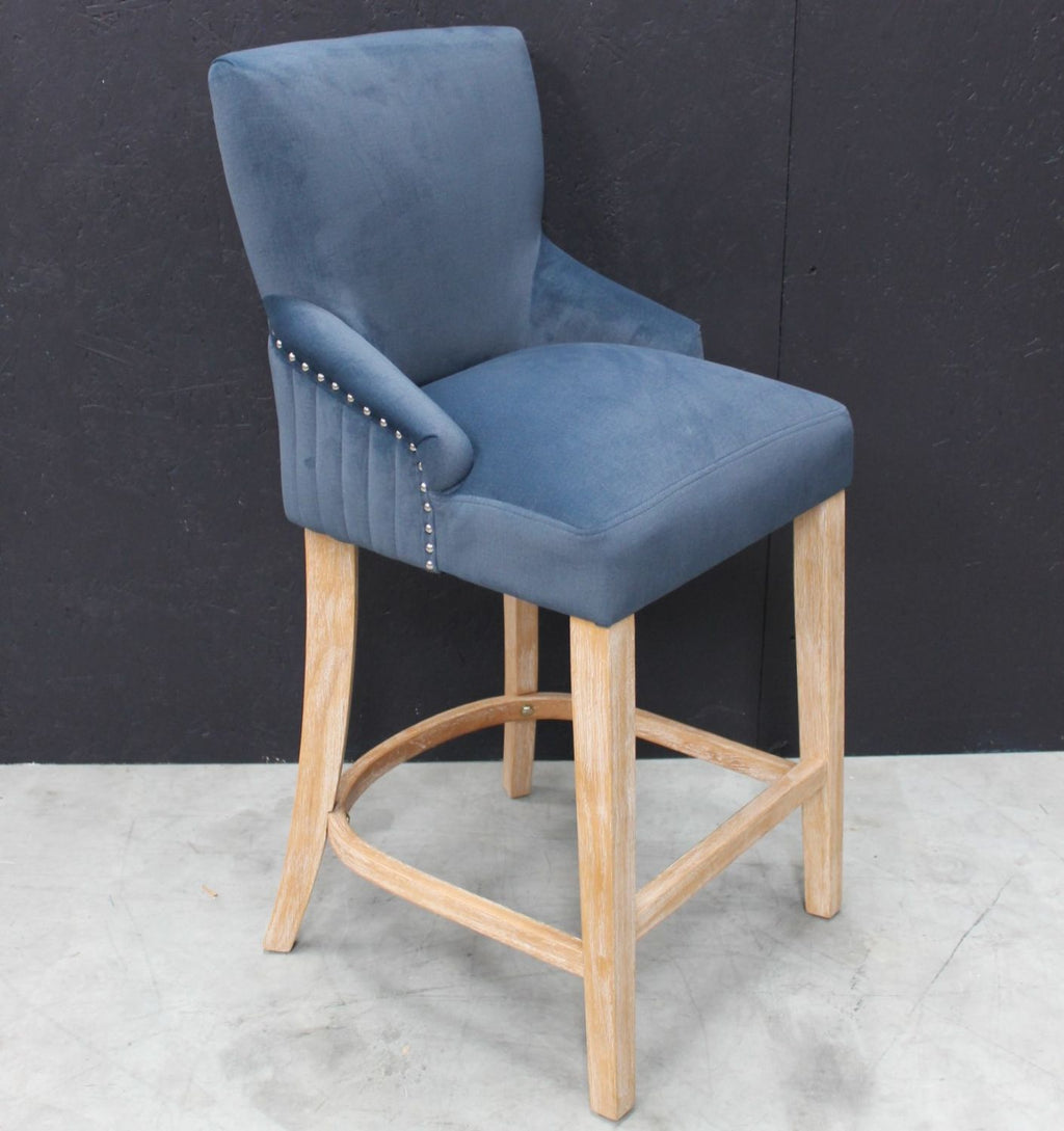 Modern Blue Velvet Upholstered Bar Stool with Limed Oak Legs - Home Furniture Interiors