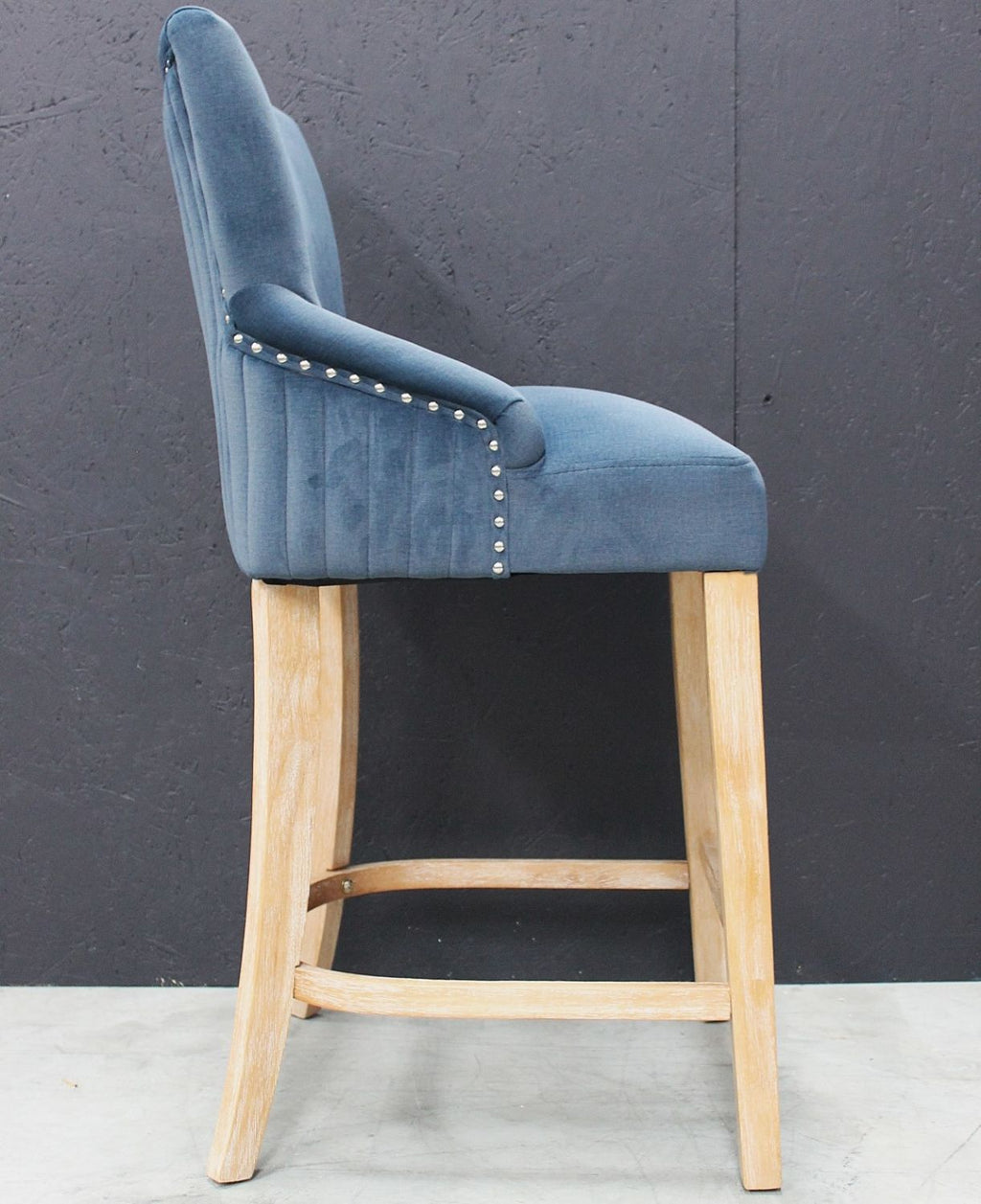 Modern Blue Velvet Upholstered Bar Stool with Limed Oak Legs - Home Furniture Interiors