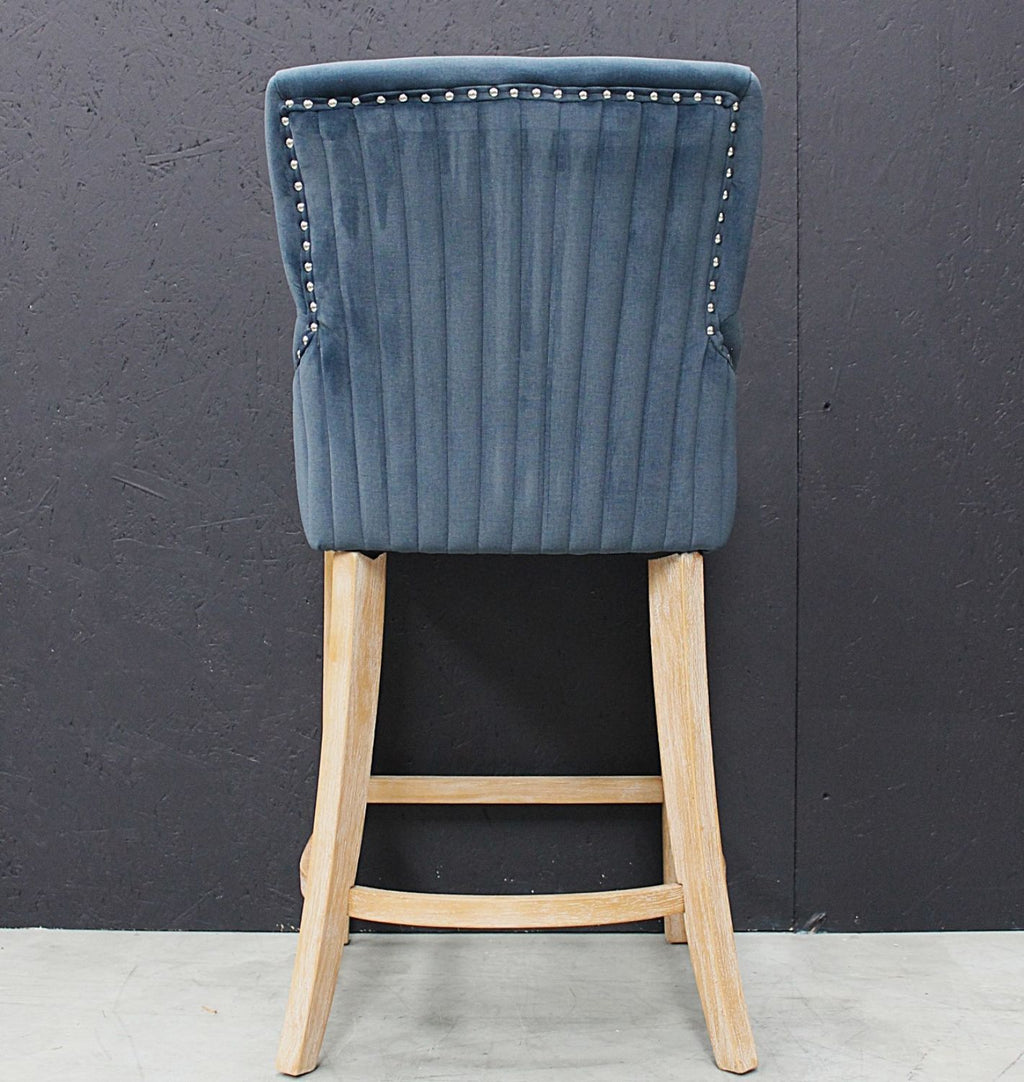 Modern Blue Velvet Upholstered Bar Stool with Limed Oak Legs - Home Furniture Interiors