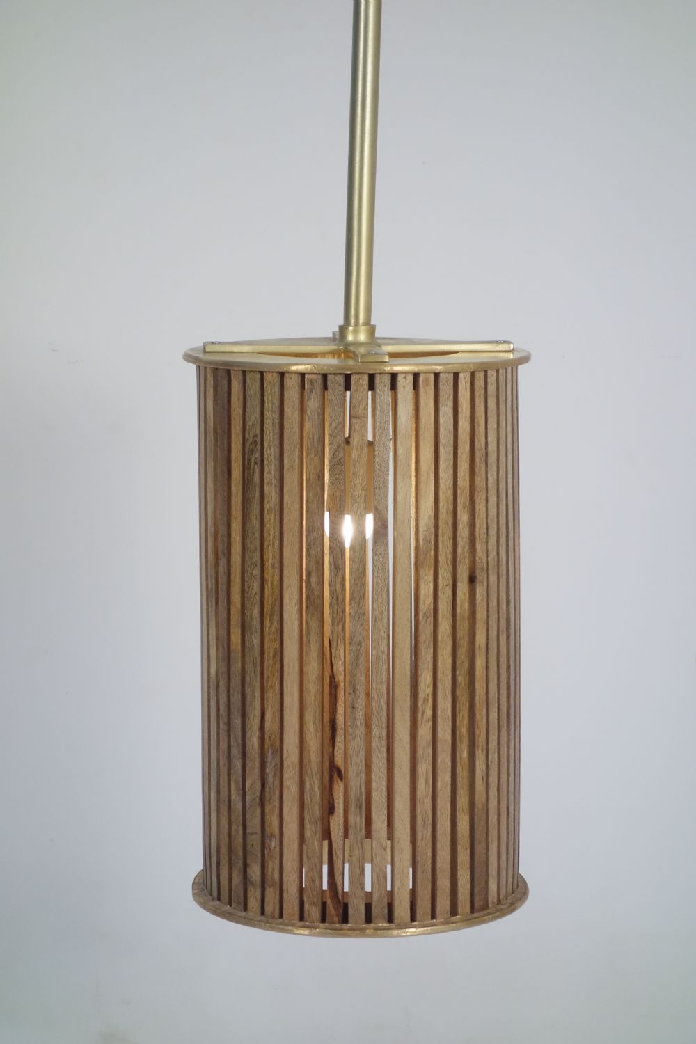 Small Natural Mango Wood Brass Detail Slatted Ceiling Lamp