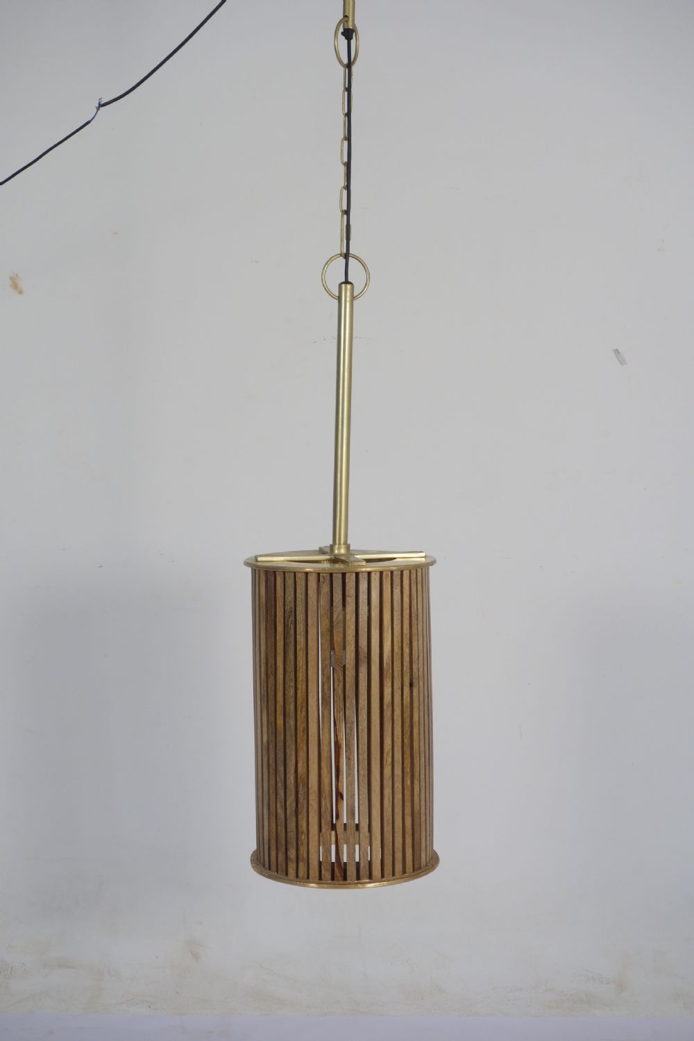 Small Natural Mango Wood Brass Detail Slatted Ceiling Lamp - Home Furniture Interiors