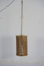 Small Natural Mango Wood Brass Detail Slatted Ceiling Lamp - Home Furniture Interiors