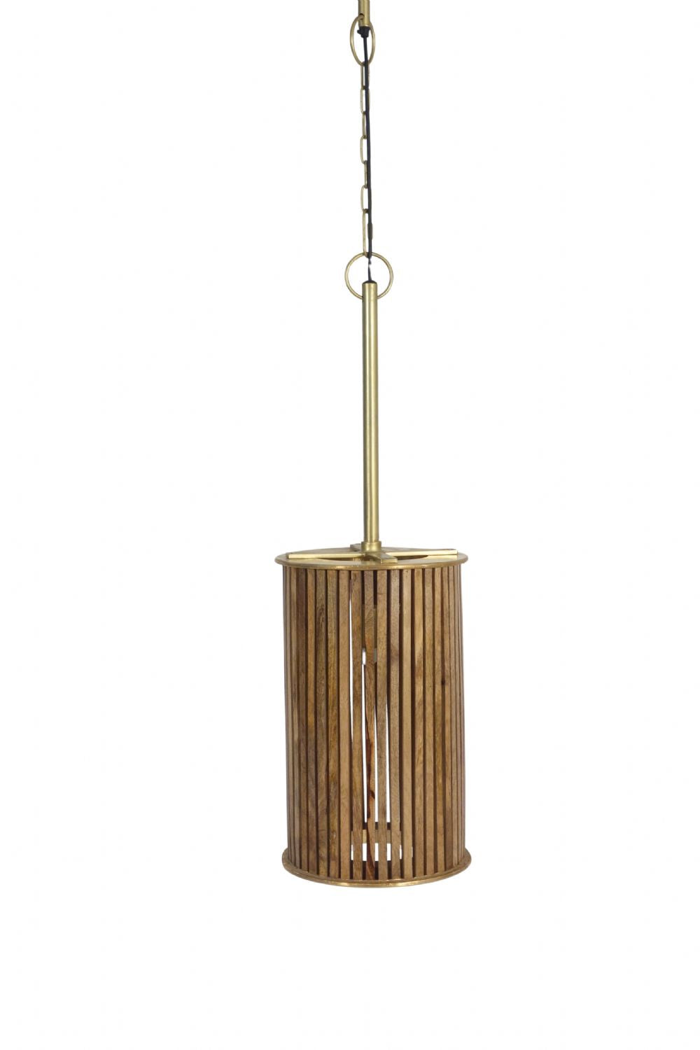 Small Natural Mango Wood Brass Detail Slatted Ceiling Lamp - Home Furniture Interiors