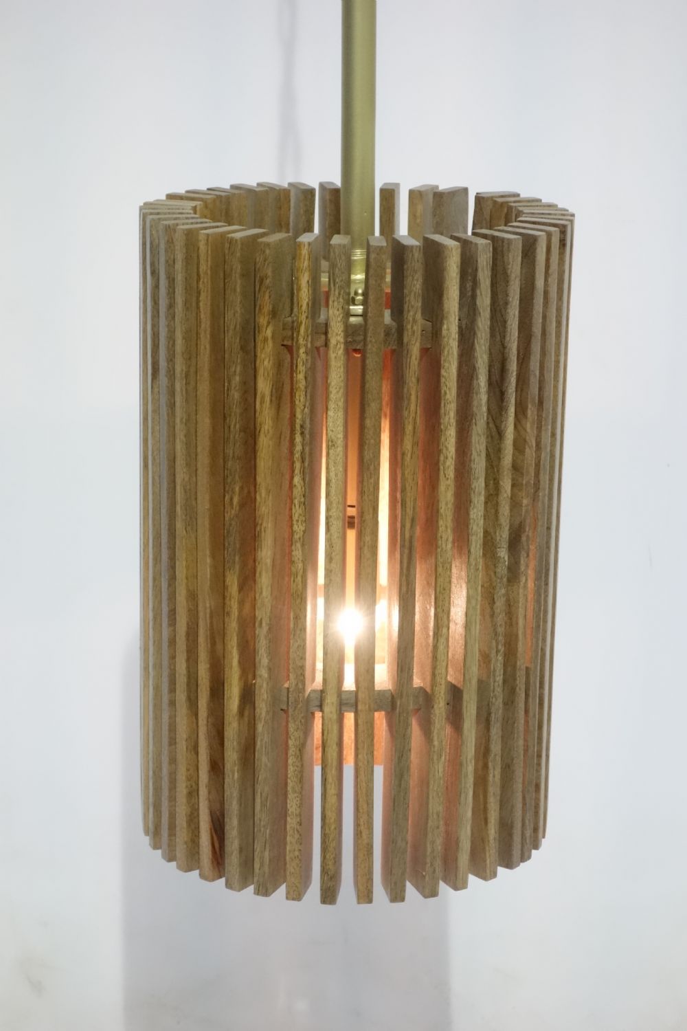 Small Round Natural Mango Wood Slatted Pendant Lamp - Home Furniture Interiors