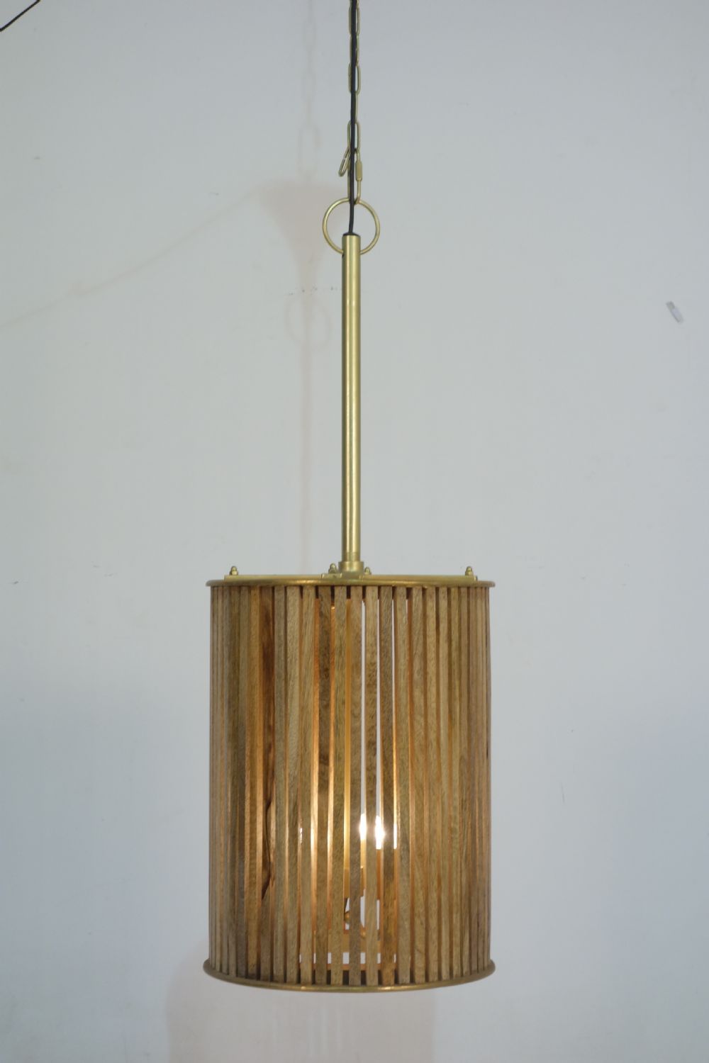 Small Wooden Slatted Round Lamp with Brass Clad Edges