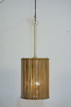 Small Wooden Slatted Round Lamp with Brass Clad Edges