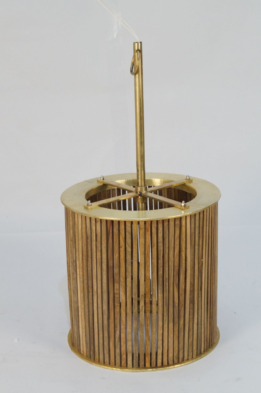Small Wooden Slatted Round Lamp with Brass Clad Edges - Home Furniture Interiors