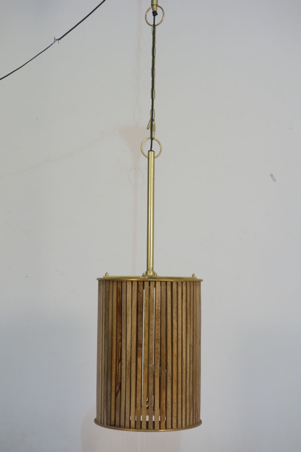 Small Wooden Slatted Round Lamp with Brass Clad Edges - Home Furniture Interiors