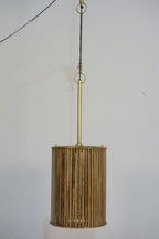 Small Wooden Slatted Round Lamp with Brass Clad Edges - Home Furniture Interiors